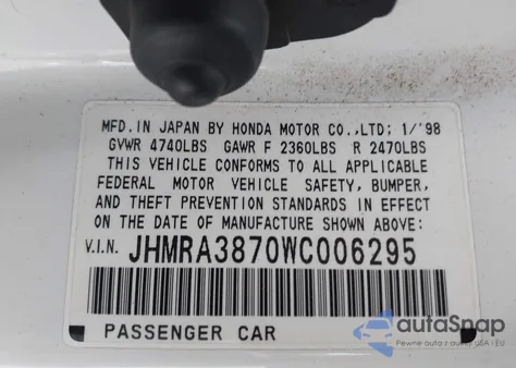 1998 Honda Odyssey Ex z USA, uszkodzony, nr VIN JHMRA3870WC006295